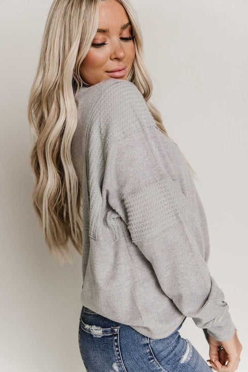 Waffle Patchwork Dolman Sleeve Henley Top